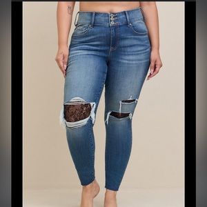Torrid Jegging Skinny Super Soft High-Rise Destructed Jean with Black Lace